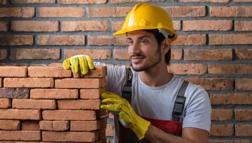 AI generated, A bricklayer inspects a brick wall, 30, 35, years