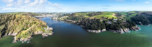 Panorama of Dartmouth Castle and Kingswear Castle over River Dart from a drone, Dartmouth,