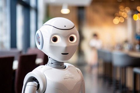 Whire artificial intelligence robot working as waiter in restaurant. KI generiert, generiert AI