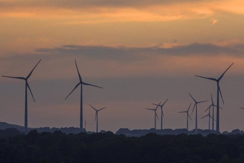 Wind turbines in the sunset, Schoenberg, Mecklenburg-Vorpommern, Germany, Europe
