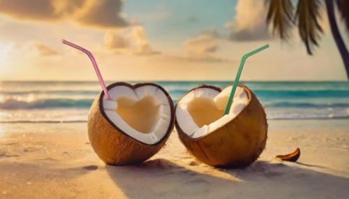 Two heart shaped coconut cocktails on a tropical beach with a view to the sunset above the ocean.