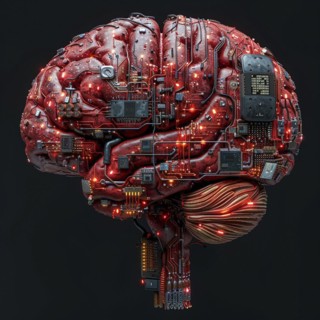 Medical a human head with brain and computer chip, symbol image KI in the human brain, ai