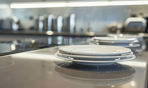 Stacks of white plates on a reflective kitchen counter in a modern design AI generated