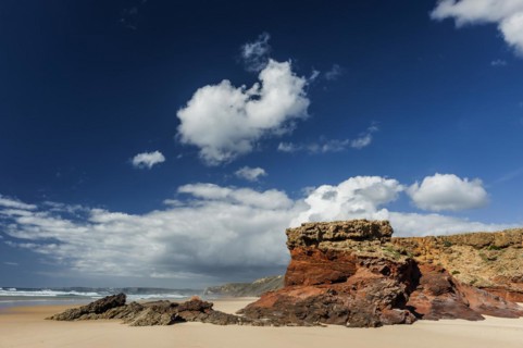 Algarve beach, wide, red rock, rocky coast, nobody, clear, blue sky, cloud, summer holiday, beach