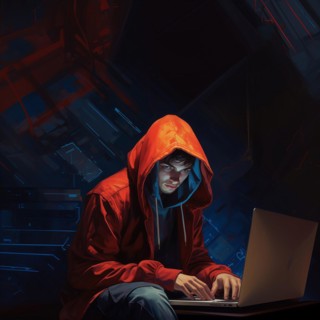 Illustration, teenager with hoodie in gloomy surroundings sitting at a laptop, symbolic image for