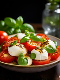Caprese salad featuring ripe tomatoes embracing buffalo mozzarella fresh basil leaves perched on