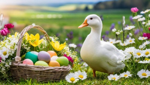 Ai generated, An Easter basket with coloured eggs in a meadow with colourful flowers, in the