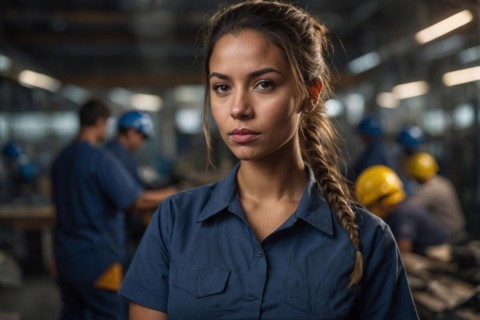 A woman in a blue shirt with a braid looks focused in a workshop setting, blurry selective focus