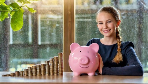 AI generated, A young girl, 8, 10, years, saves money and coins for the future, provision, nest