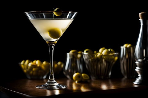 Gin martini with an olive resting on a polished bar top ambient lighting, AI generated