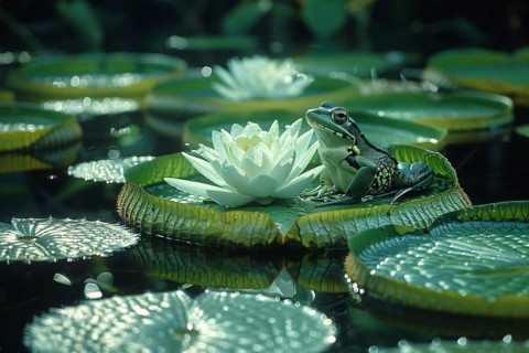 A frog perched on a water lily in a tranquil pond setting, AI generated