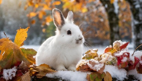 KI generated, A white dwarf rabbit in autumn, ice, snow, onset of winter, (Brachylagus idahoensis)
