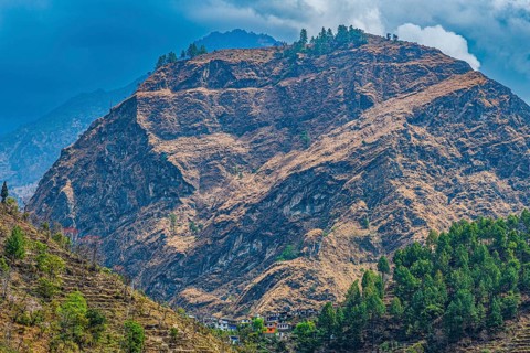 Mountain sticking out along the highway to Jomsom, Nepal, Asia