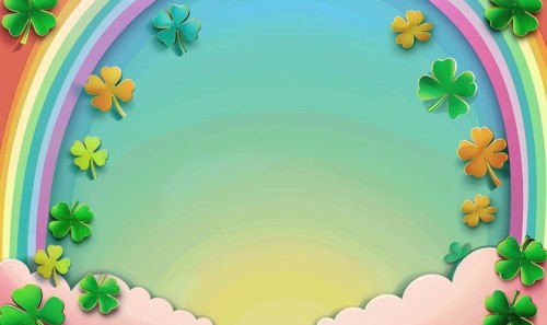Colorful St. Patrick's Day theme with rainbow and clover decorations on pastel background AI