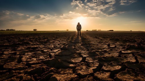 Dry cracked soil consuming a failing agricultural crop field forlorn farmer standing at the edge,