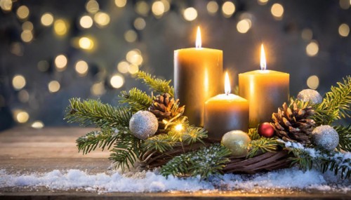 Ai generated, Advent wreath with burning candles, Christmas time, Christmas decoration, 3rd Advent,