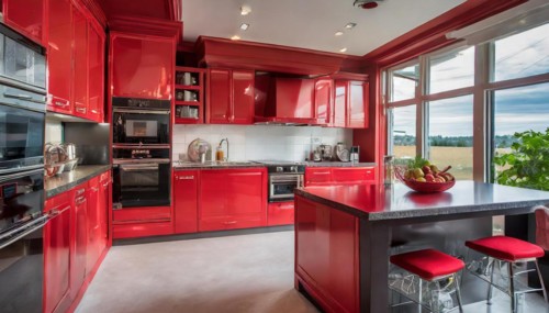 KI generated, A new red fitted kitchen has just been installed
