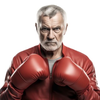 An older man with boxing gloves looks confidently and resolutely into the camera, symbolic image