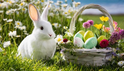Ai generated, An Easter basket with coloured eggs in a meadow with colourful flowers, in the basket
