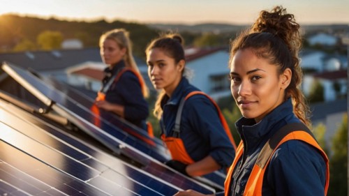 Team of solar panel technicians on a roof at dusk in a residential neighborhood, blurry selective