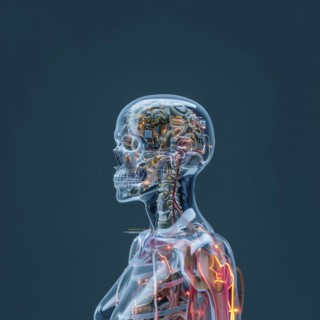 Medical a human head with brain and computer chip, symbol image KI in the human brain, ai