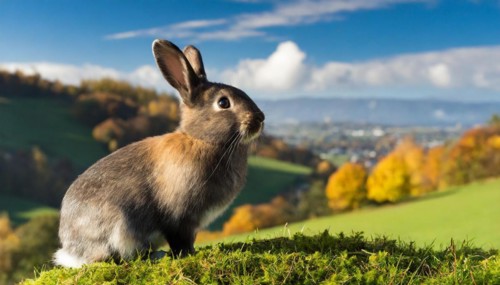 KI generated, A colourful dwarf rabbit in a meadow in autumn, side view, (Brachylagus idahoensis)
