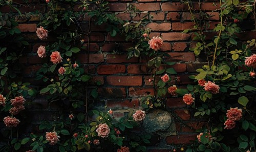 Shadows play across a wall with deep green leaves and dark pink roses AI generated