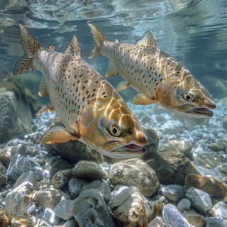 Salmon (Salmo salar) on the migration and swim up a stream in shallow, clear water, ai generiert,