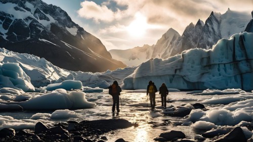 Tourists clad in vivid cold weather attire exploring the melting glaciers their expressions, AI