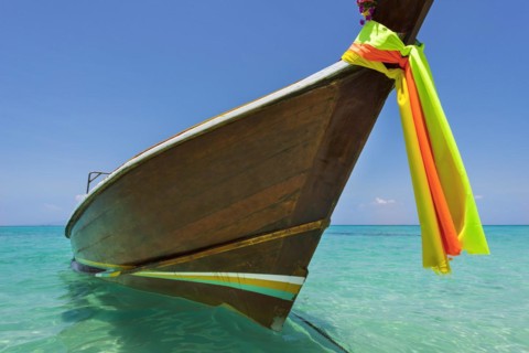 Longtail boat, fishing boat, wooden boat, boat, decorated, tradition, traditional, faith, cloth,