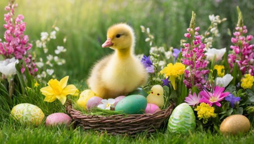 Ai generated, An Easter basket with coloured eggs in a meadow with colourful flowers, in the basket