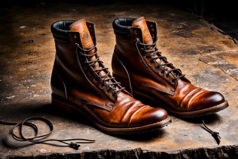 Well worn leather boots creased and scuffed narrative of adventure standing on expansive floor, AI