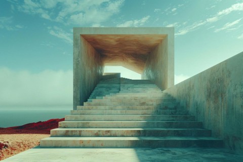 Minimalist concrete staircase with a textured finish under a clear sky in a desert landscape, AI