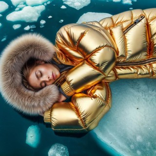 Woman in yellow golden puffer jacket lies on a block of ice alone in the middle of the ocean sea.