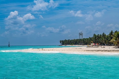 Palm fringed white sand beach, Agatti Island, Lakshadweep archipelago, Union territory of India