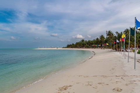 White sand beach with many flags, Bangaram island, Lakshadweep archipelago, Union territory of