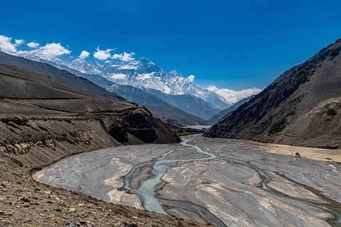 Huge riverbed before the Annapurna mountain range, Kingdom of Mustang, Nepal, Asia