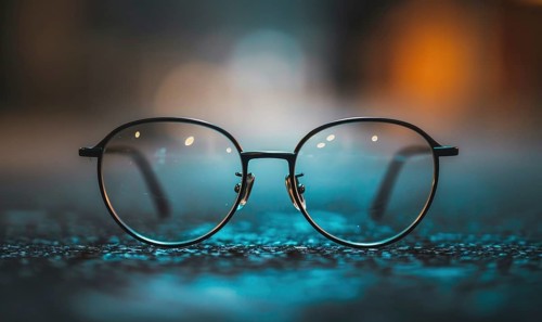Wet surface reflecting city lights with round frame eyeglasses in the foreground AI generated