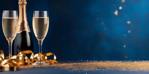 Banner with champagne glasses and bottle and goldne confetti and paper streamers on blue background