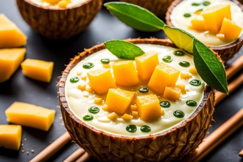 Tropical smoothie brimming in a coconut shell bamboo straw peeking out pineapple chunks coconut, AI