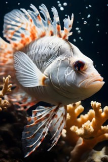 Bleached coral and resilient fish swimming close up symbolizing hope against devastation, AI