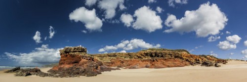 Algarve beach, wide, red rock, rocky coast, nobody, panorama, clear, blue sky, cloud, summer
