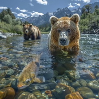 A brown bear hunts salmon in shallow clear water, AI generated