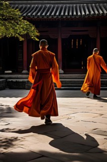 Monks clad in vibrant orange robes engaging in kung fu, AI generated
