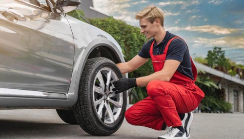 AI generated, A mechanic changes the tyres on a customer's car, tyre fitting, silver car