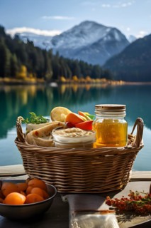Woven basket filled with glass jars homemade hummus carrot sticks, AI generated