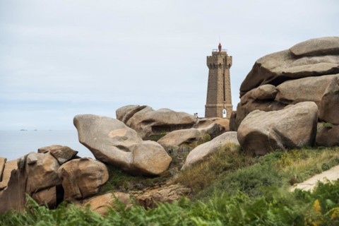 Lighthouse and granite rock, Phare de Ploumanac'h, Phare de Mean Ruz, Cote de Granit Rose,