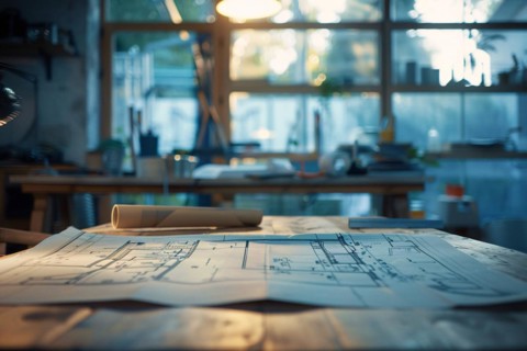 Close-up of architectural blueprints on a drafting table in a workshop with blurred tools behind,