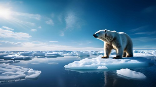 Polar bear navigating a shrinking ice floe glistening searching for solid terrain, AI generated