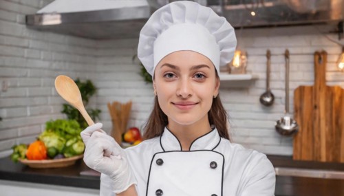 AI generated, An attractive blonde chef in the kitchen of a hotel
